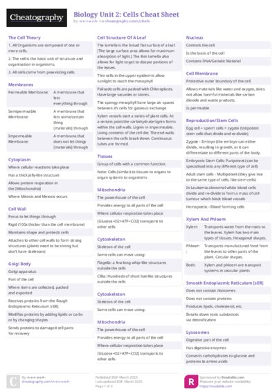 Biology Unit 2: Cells Cheat Sheet