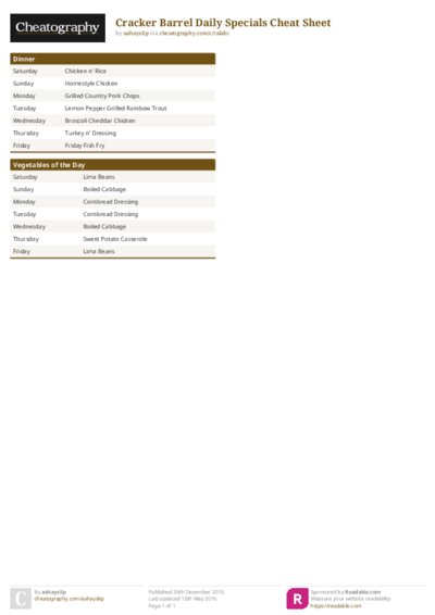 Cracker Barrel Daily Specials Cheat Sheet