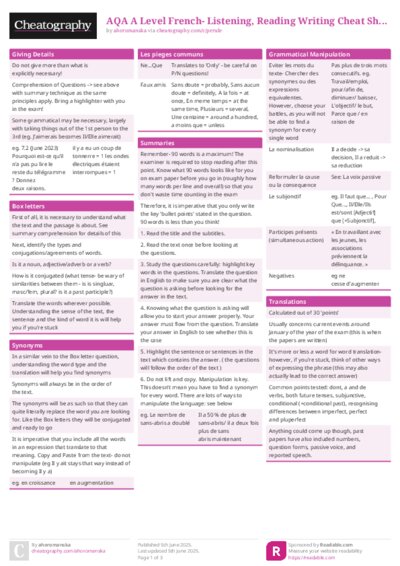 AQA A Level French- Listening, Reading Writing Cheat Sheet