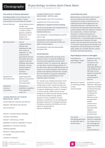 IB psychology revision sheet Cheat Sheet