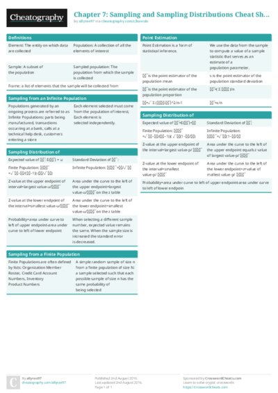 Chapter 7: Sampling and Sampling Distributions Cheat Sheet