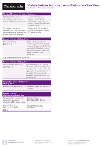 Modern Business Statistics Interval Estimation Cheat Sheet