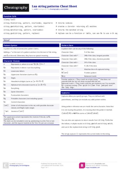 Lua string patterns Cheat Sheet