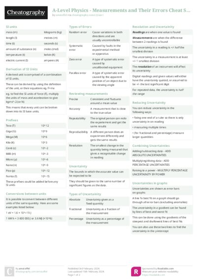 A-Level Physics - Measurements and Their Errors Cheat Sheet