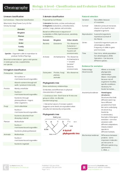 Biology A level - Classification and Evolution Cheat Sheet
