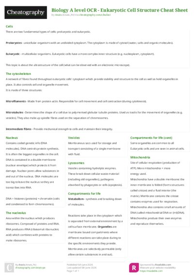Biology A level OCR - Eukaryotic Cell Structure Cheat Sheet