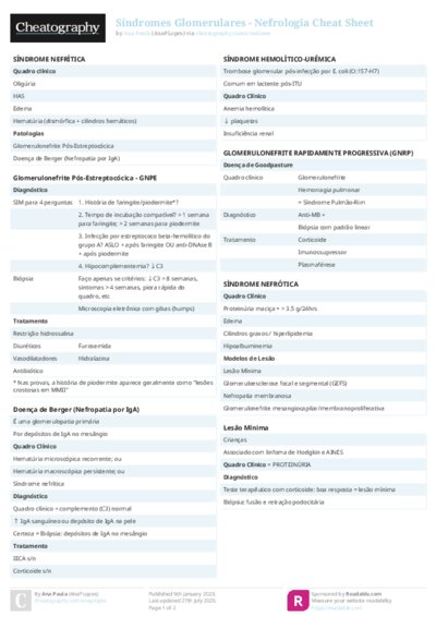 Síndromes Glomerulares - Nefrologia Cheat Sheet