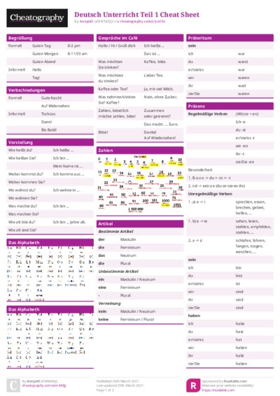 Deutsch Unterricht Teil 1 Cheat Sheet