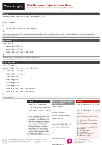 H10 Klassen en objecten Cheat Sheet
