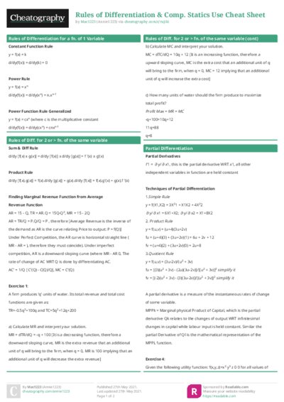 Rules of Differentiation & Comp. Statics Use Cheat Sheet