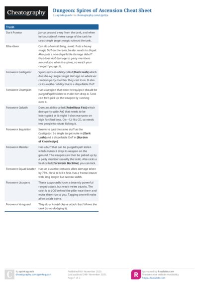 Dungeon: Spires of Ascension Cheat Sheet