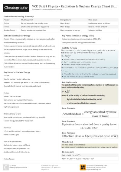 VCE Unit 1 Physics - Radiation & Nuclear Energy Cheat Sheet