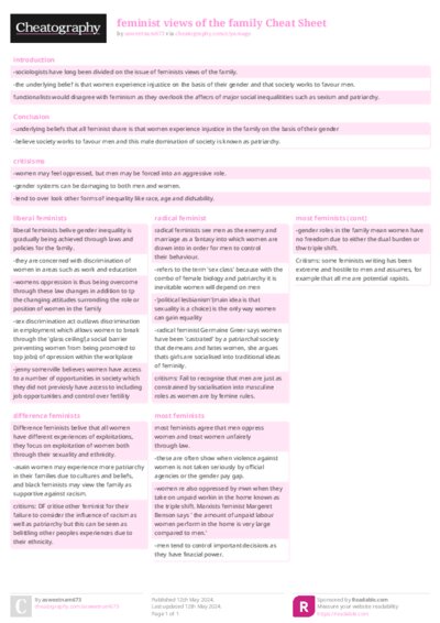 feminist views of the family Cheat Sheet
