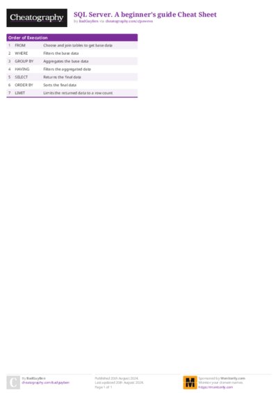 SQL Server. A beginner's guide Cheat Sheet