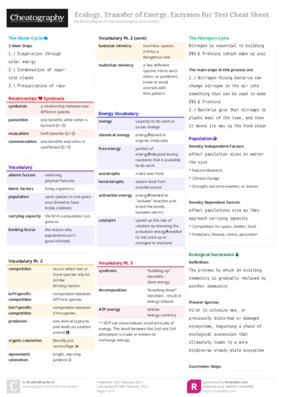 Ecology, Transfer of Energy, Enzymes for Test Cheat Sheet