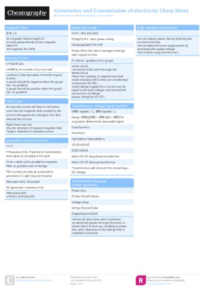 Generation and Transmission of electricity Cheat Sheet