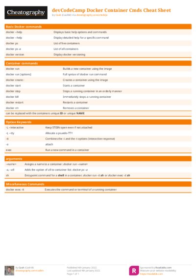 devCodeCamp Docker Container Cmds Cheat Sheet