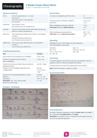 9 Maths Exam Cheat Sheet