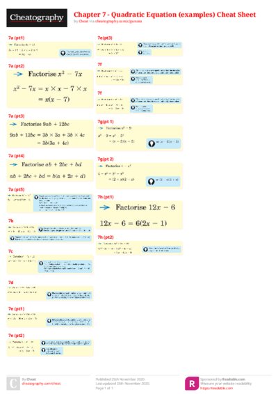 Chapter 7 - Quadratic Equation (examples) Cheat Sheet