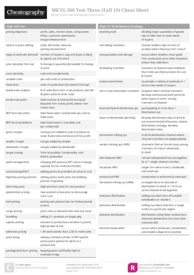 MKTG 380 Test Three (Fall 19) Cheat Sheet