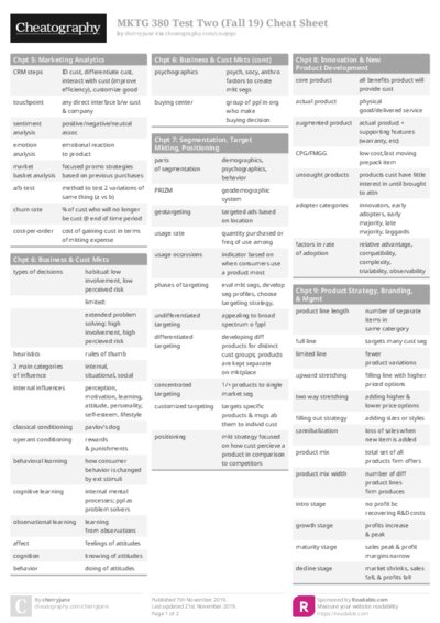 MKTG 380 Test Two (Fall 19) Cheat Sheet