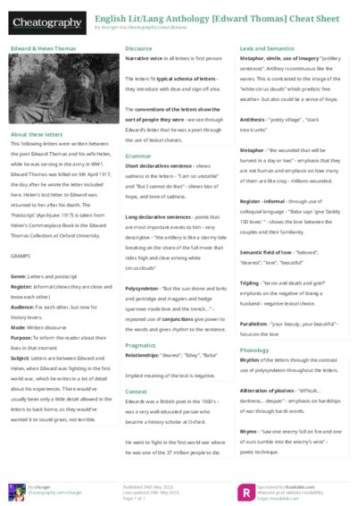 English Lit/Lang Anthology [Edward Thomas] Cheat Sheet