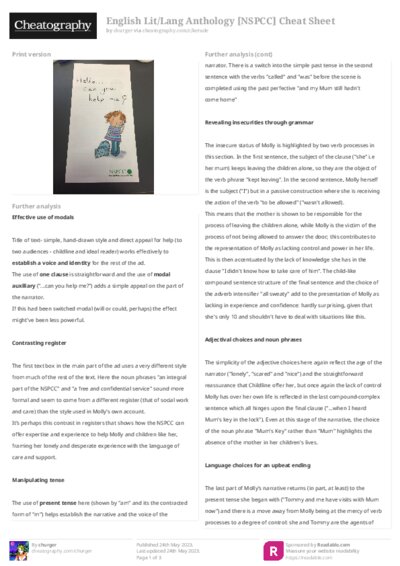 English Lit/Lang Anthology [NSPCC] Cheat Sheet