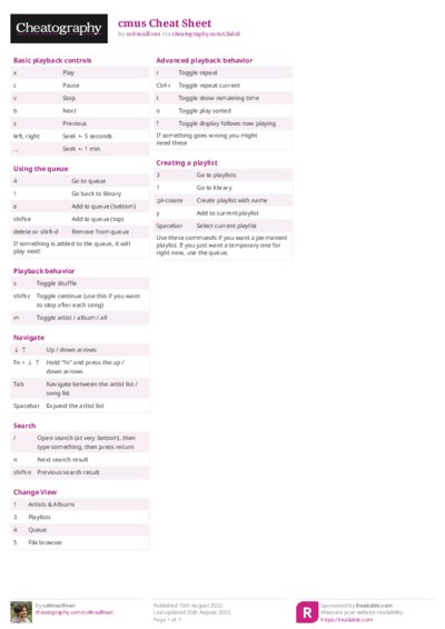 cmus Cheat Sheet