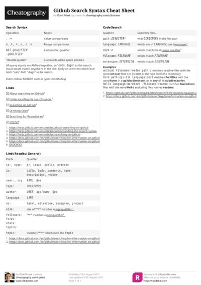 Github Search Syntax Cheat Sheet