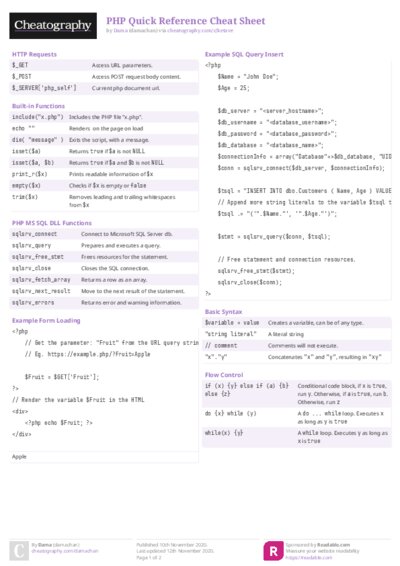 PHP Quick Reference Cheat Sheet
