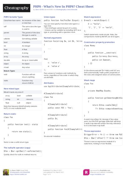 PHP8 - What's New In PHP8? Cheat Sheet