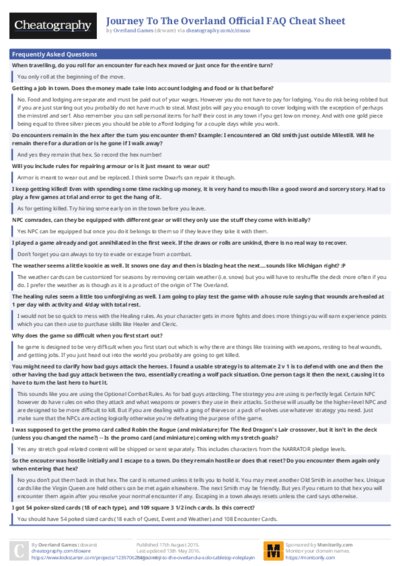 Journey To The Overland Official FAQ Cheat Sheet