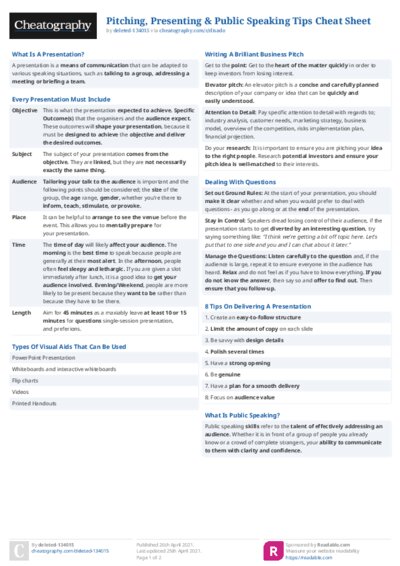 Pitching, Presenting & Public Speaking Tips Cheat Sheet
