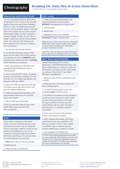 Branding 101: Daily Plan of Action Cheat Sheet