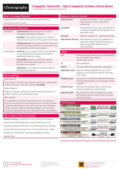 Computer Networks - AQA Computer Science Cheat Sheet