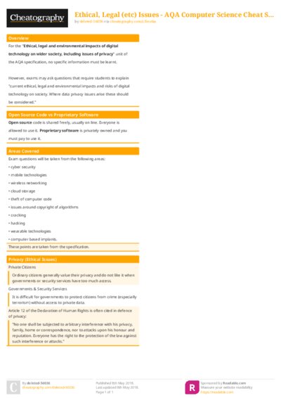 Ethical, Legal (etc) Issues - AQA Computer Science Cheat Sheet