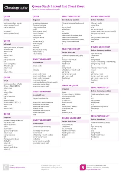 Queue Stack Linked List Cheat Sheet