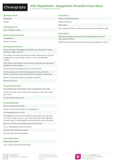 DM2 Meglitinides - Repaglinide (Prandin) Cheat Sheet