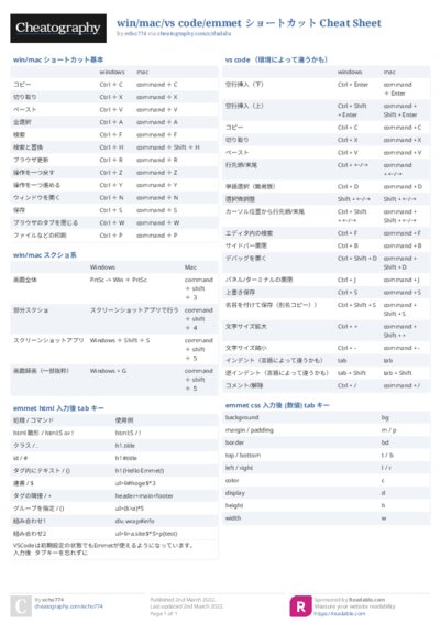 win/mac/vs code/emmet ショートカット Cheat Sheet
