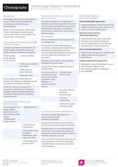Personology Chapter 1 Cheat Sheet
