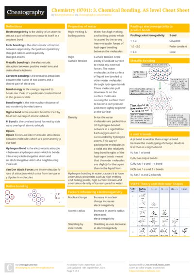 Chemistry (9701): 3. Chemical Bonding, AS level Cheat Sheet