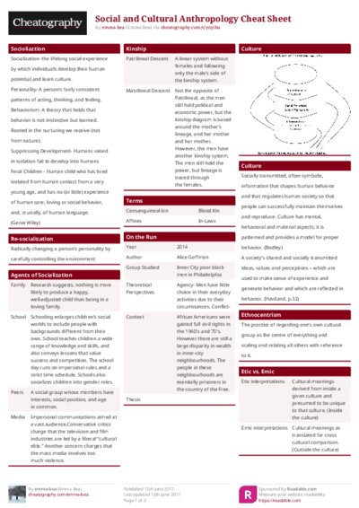 Social and Cultural Anthropology Cheat Sheet