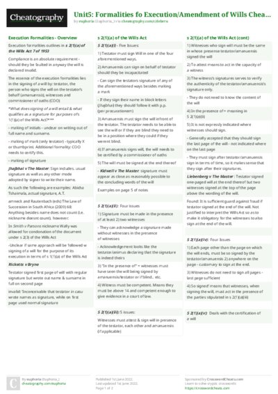 Unit5: Formalities fo Execution/Amendment of Wills Cheat Sheet