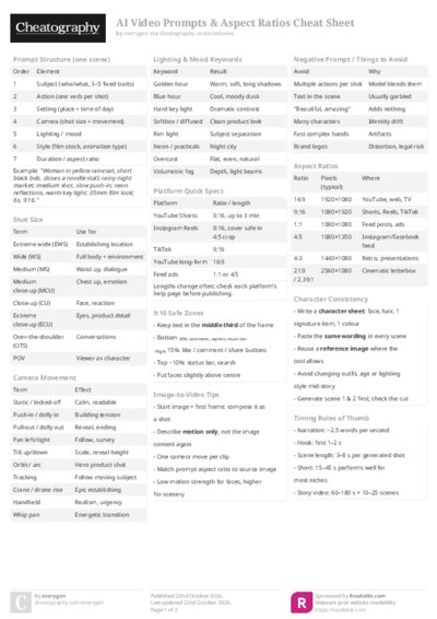 AI Video Prompts & Aspect Ratios Cheat Sheet