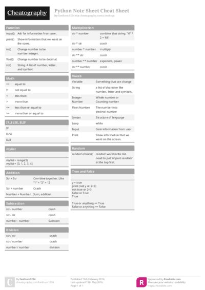Python Note Sheet Cheat Sheet