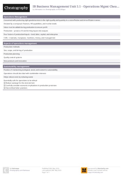 IB Business Management Unit 5.1 - Operations Mgmt Cheat Sheet