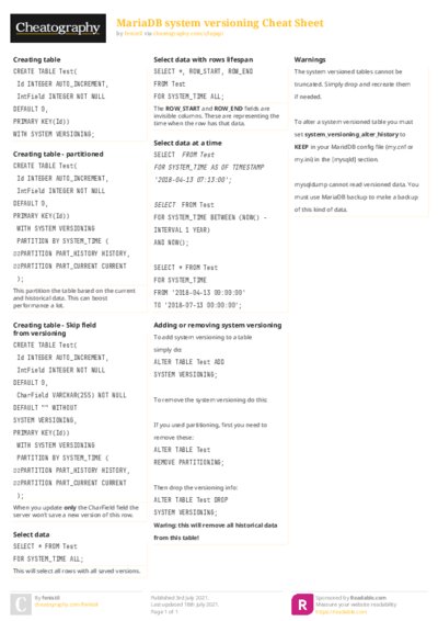 MariaDB system versioning Cheat Sheet