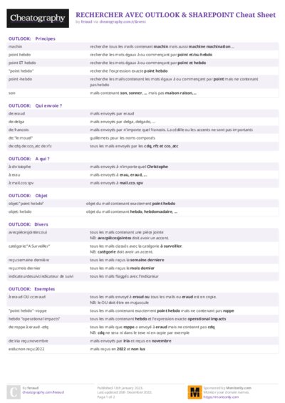 RECHERCHER AVEC OUTLOOK & SHAREPOINT Cheat Sheet