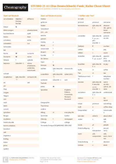 STUDIO 21 A1 (Das Deutschbuch) Funk|Kuhn Cheat Sheet