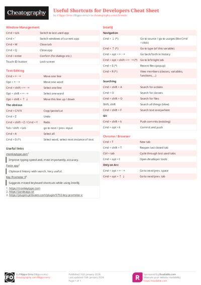 Useful Shortcuts for Developers Cheat Sheet